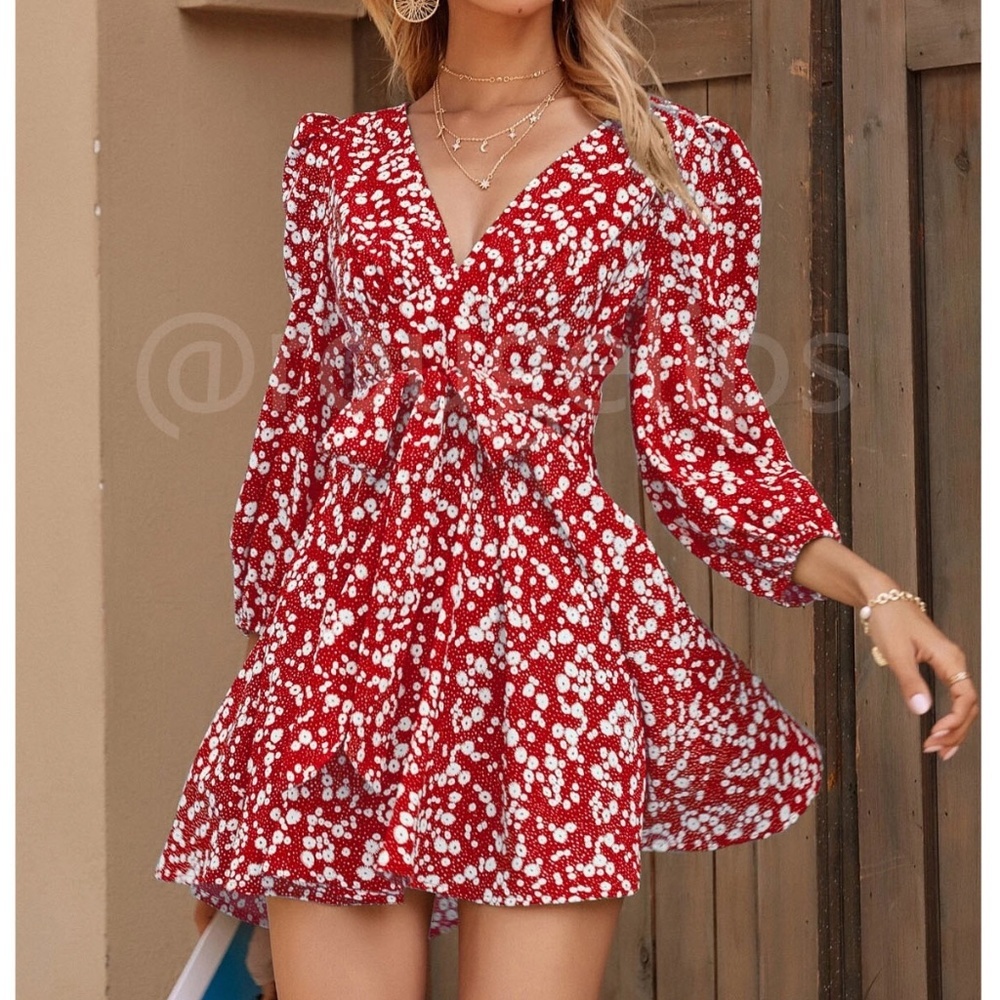 Red Ditsy Floral Print Mini Dress V-Neck Ties 3/4 Puff Sleeve Fit & Flare